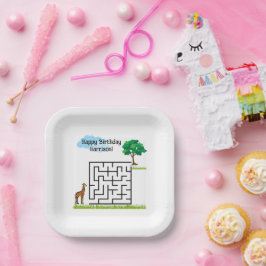 Giraffe gepersonaliseerde verjaardagsdoolhof puzze papieren bordje