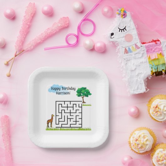 Giraffe gepersonaliseerde verjaardagsdoolhof puzze papieren bordje (Feest)