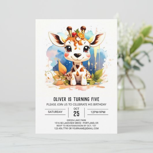 Giraffe Giggles Safari Verjaardag uitnodiging (Staand voorkant)