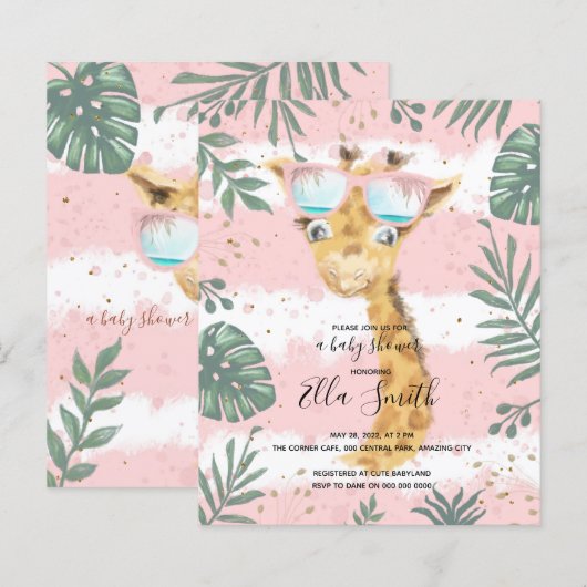 Giraffe girl pinky baby shower uitnodiging (Voorkant / Achterkant)