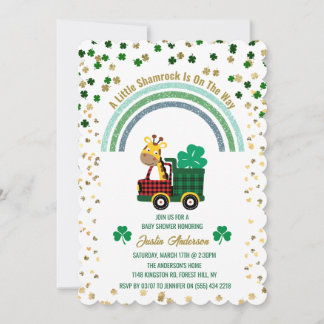 Giraffe Gold Leprechaun Clover Rainbow Baby shower Kaart
