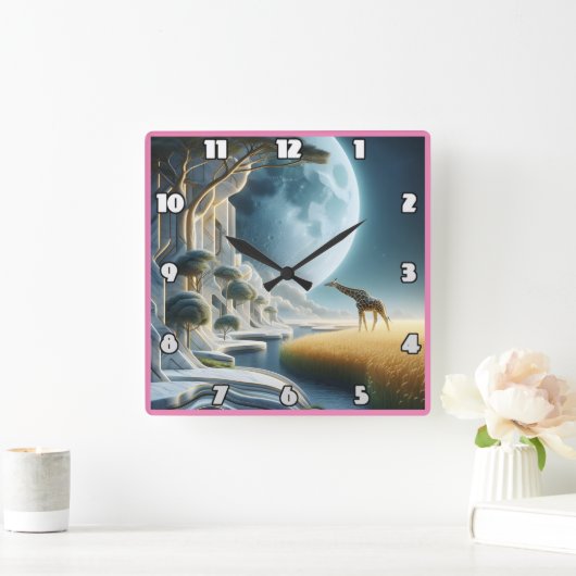 Giraffe graast onder de maan in Afrika Vierkante Klok (Huis)