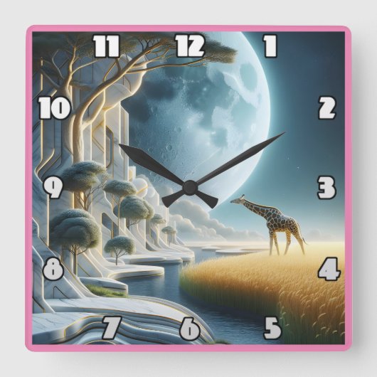 Giraffe graast onder de maan in Afrika Vierkante Klok (Voorkant)