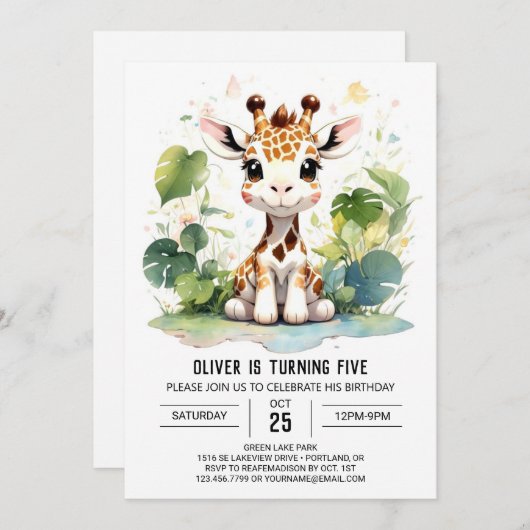 Giraffe Grace Safari Verjaardagsuitnodiging Kaart (Voorkant / Achterkant)