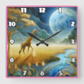 Giraffe grazen onder een levendige maan vierkante klok (Voorkant)