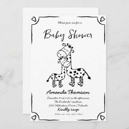 Giraffe handgetekende babyshower kaart (Voorkant / Achterkant)