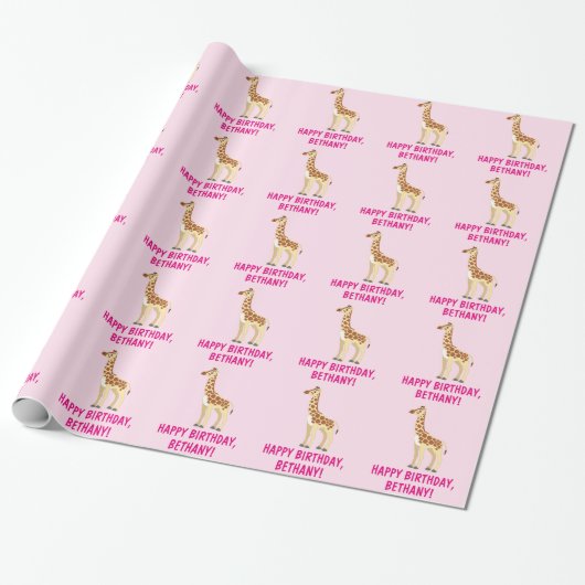 Giraffe Happy Birthday Name Cadeaupapier (Uitgerold)