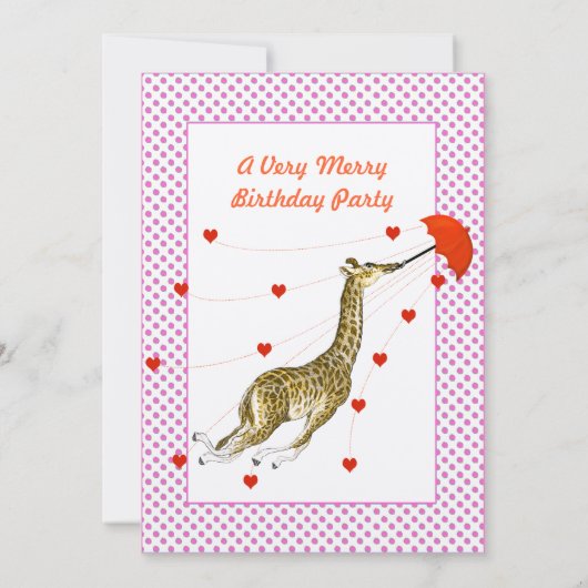 Giraffe Hart Verjaardagsfeest Uitnodiging Roze Sti (Achterkant)
