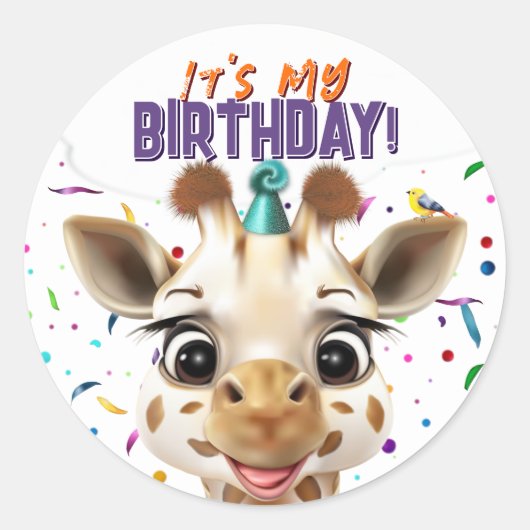 Giraffe Het is mijn verjaardag Ronde Sticker (Voorkant)