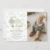 Giraffe Hete Luchtballon Groen 1e Verjaardagsfoto Kaart (Voorkant)