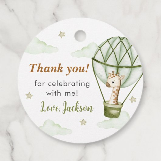 Giraffe Hete Luchtballon Groene Jongen 1e Verjaard Bedankjes Labels (Achterkant)