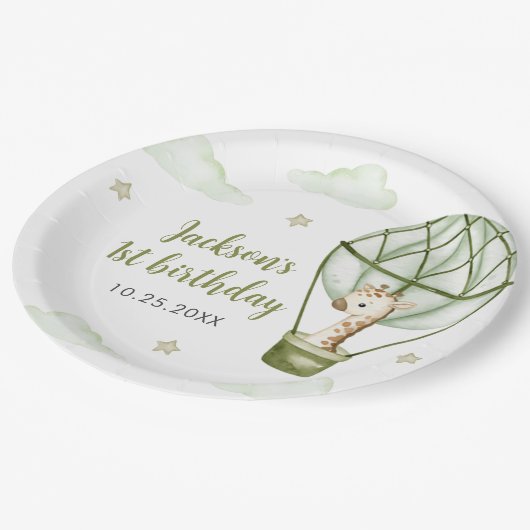 Giraffe Hete Luchtballon Groene Jongen 1e Verjaard Papieren Bordje (Gekanteld)