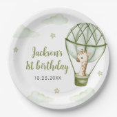Giraffe Hete Luchtballon Groene Jongen 1e Verjaard Papieren Bordje (Voorkant)