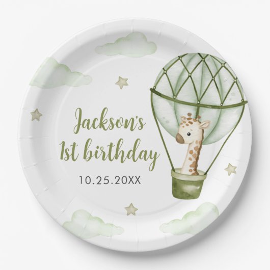Giraffe Hete Luchtballon Groene Jongen 1e Verjaard Papieren Bordje (Voorkant)