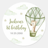 Giraffe Hete Luchtballon Groene Jongen 1e Verjaard Ronde Sticker (Voorkant)