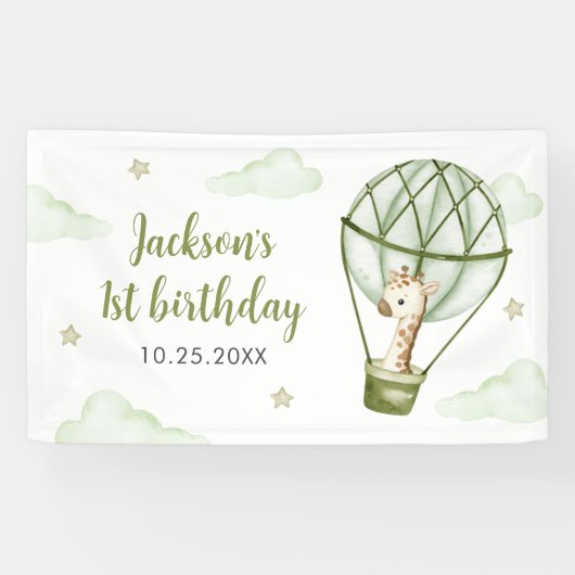 Giraffe Hete Luchtballon Groene Jongen 1e Verjaard Spandoek (Horizontaal)