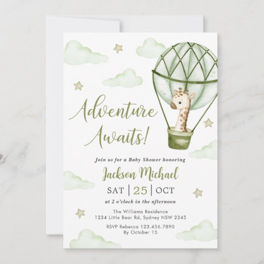 Giraffe Hete Luchtballon Groene Jongen Baby shower Kaart (Voorkant)
