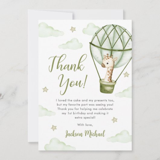Giraffe Hete Luchtballon Groene Jongen Verjaardag Bedankkaart (Voorkant)