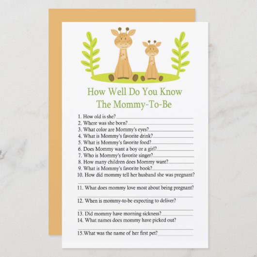 Giraffe Hoe goed ken je het baby shower spel? (Voorkant / Achterkant)