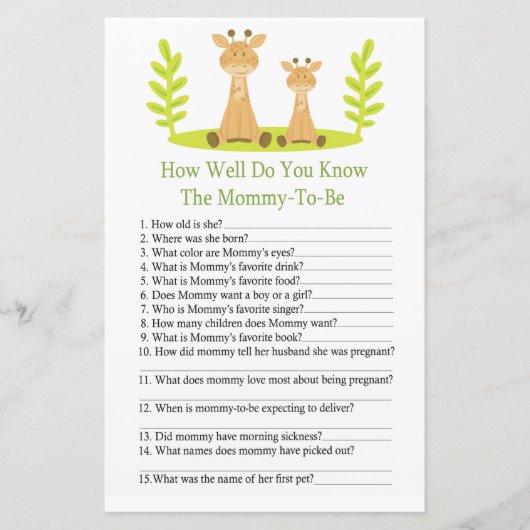 Giraffe Hoe goed ken je het baby shower spel? (Voorkant)