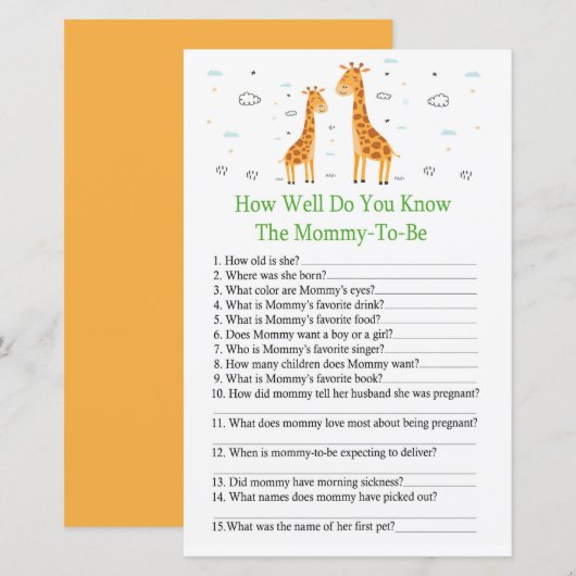 Giraffe Hoe goed ken je het baby shower spel? (Voorkant / Achterkant)