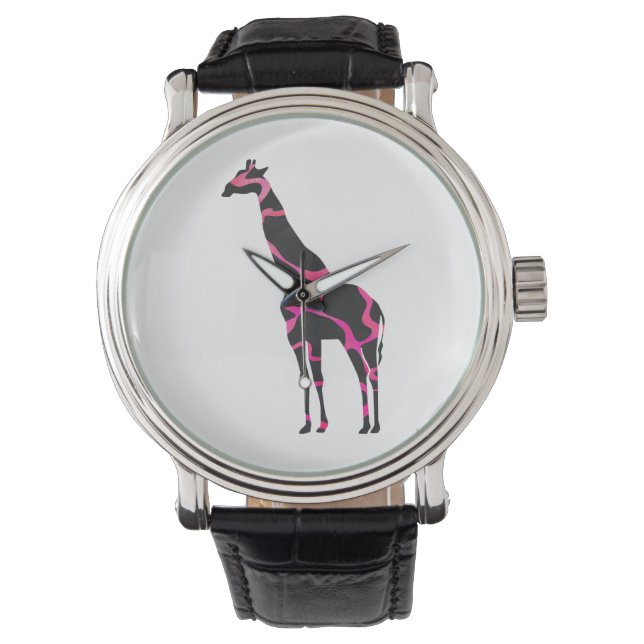 Giraffe Hot Pink en Black Silhouette Horloge (Voorkant)