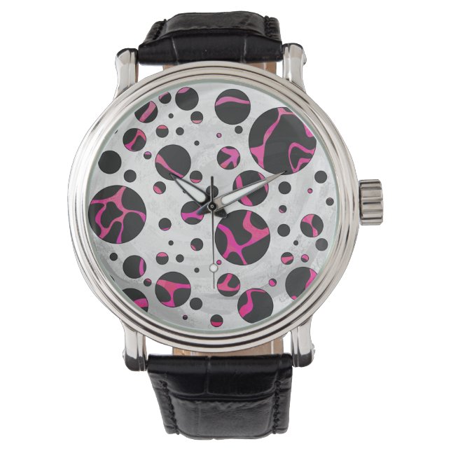 Giraffe Hot Pink en zwarte afdrukken Horloge (Voorkant)