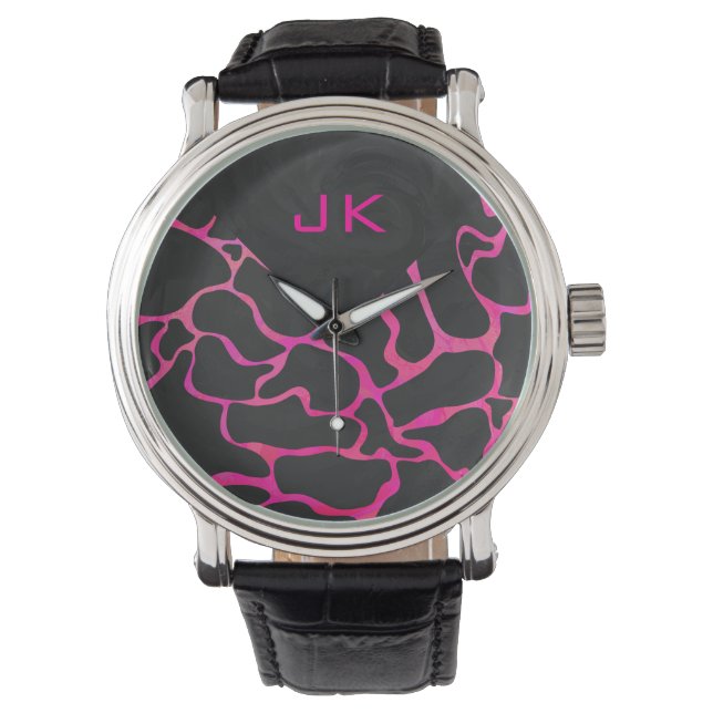 Giraffe Hot Pink en zwarte afdrukken Horloge (Voorkant)
