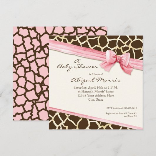Giraffe Huid Patroon Lint in Bow Baby Girl Uitnodi Kaart (Voorkant / Achterkant)