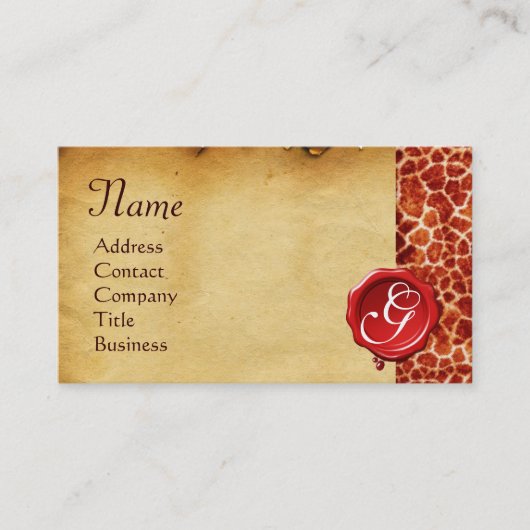 GIRAFFE HUID, RODE WAX SEAL PARCHCHMENT Monogram Visitekaartje (Voorkant)