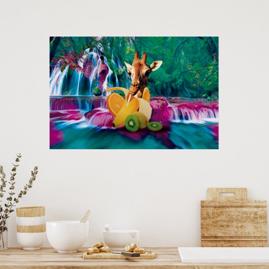 Giraffe in a Banana with orange and Kiwi Fruits Poster (Keuken)