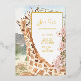 Giraffe in African Savannah Birthday Party Gold Folie Uitnodiging