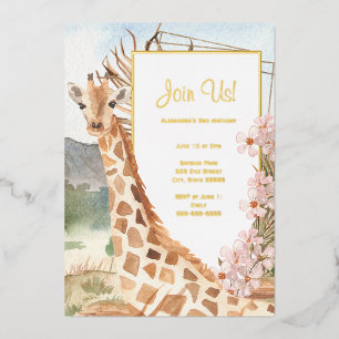 Giraffe in African Savannah Birthday Party Gold Folie Uitnodiging