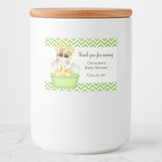 Giraffe in bad Baby shower Dank u Voedselcontainer Etiket (Voorkant)