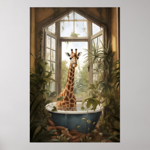 Giraffe in badkuip bloem badkamer print, botanisch poster