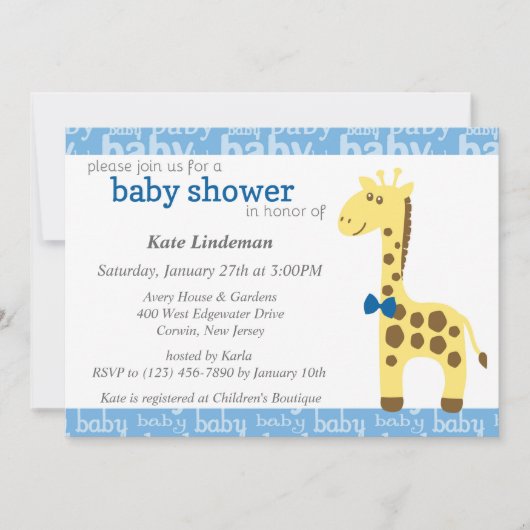 Giraffe in Blue Bow Baby shower voor Boy Kaart (Voorkant)