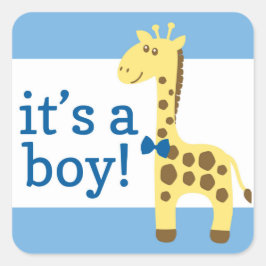 Giraffe in Blue Bow Baby shower voor Boy Vierkante Sticker