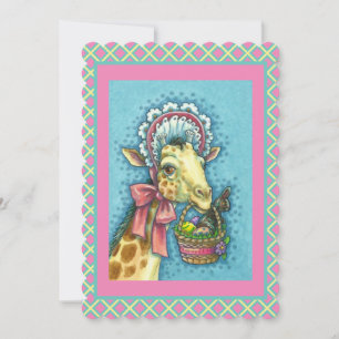 GIRAFFE IN CUTE EASTER BONNET, EGG BASKET Flat Feestdagenkaart