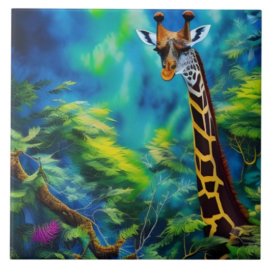 Giraffe in de bomen tegeltje (Voorkant)
