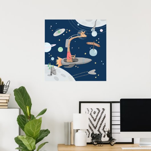 Giraffe in de ruimte. Planeten. Dierenkinderen kle Poster (Thuiskantoor)