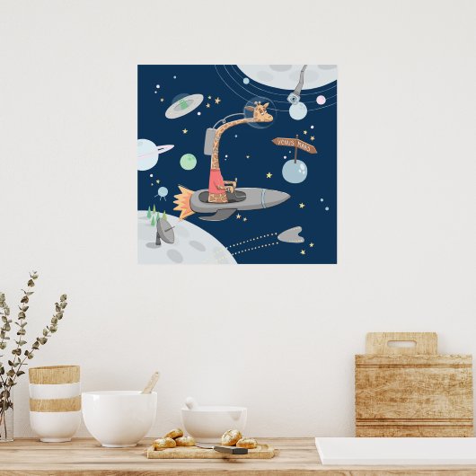 Giraffe in de ruimte. Planeten. Dierenkinderen kle Poster (Keuken)