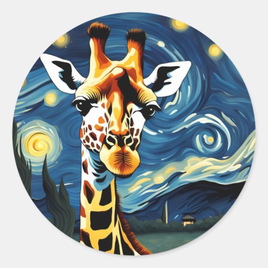 Giraffe in de Sterrennacht Ronde Sticker (Voorkant)