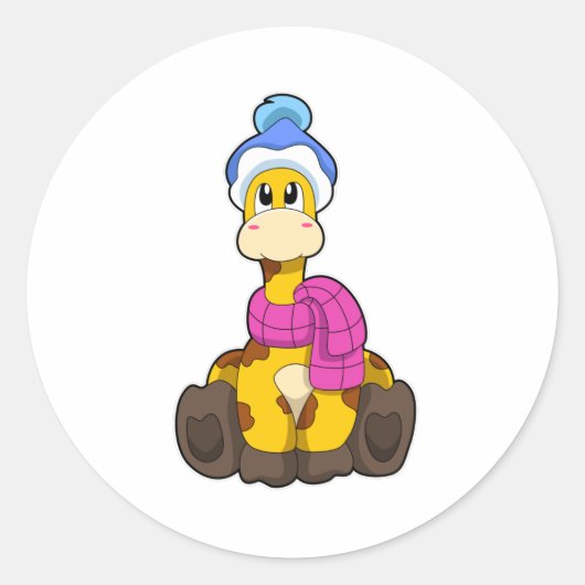 Giraffe in de winter met Scarf en Pet Ronde Sticker (Voorkant)