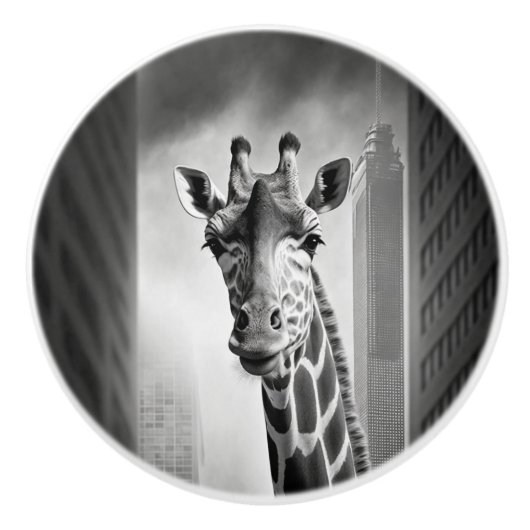 Giraffe in een Cityscape Keramische Knop (Voorkant)