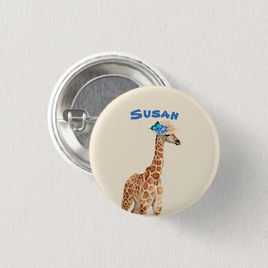 Giraffe in een Pet met blauwe vlinderButton Ronde Button 3,2 Cm (Voorkant /achterkant)