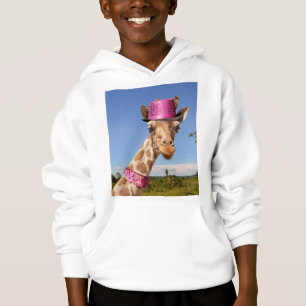 Giraffe in een sprankelend roze pet
