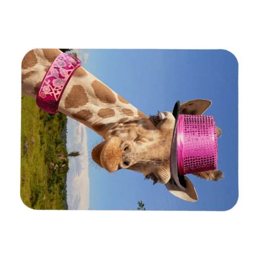 Giraffe in een sprankelend roze pet magneet (Horizontaal)
