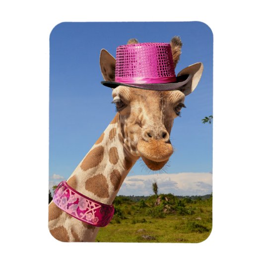 Giraffe in een sprankelend roze pet magneet (Verticaal)