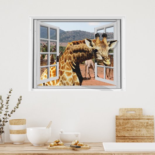 Giraffe in Fake Window Uitzicht Trompe l'oeil Effe Poster (Keuken)