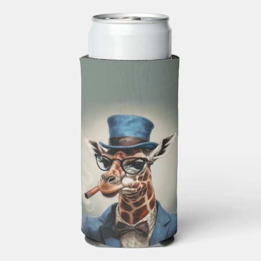Giraffe in hoge hoed en jas seltzer blikjeskoeler (Seltzer Achterkant)